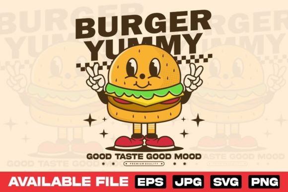 Retro Yummy Burger Cartoon Character for T-Shirt Designs and Graphics