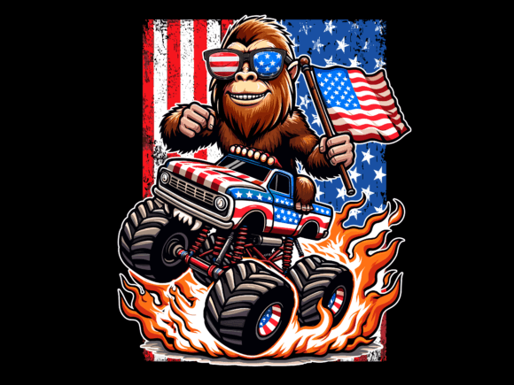 USA Flag Bigfoot Driving Monster Truck Graphics for T-Shirts