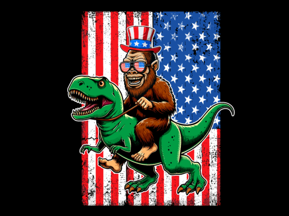 USA Flag Bigfoot Riding T Rex: A Bold Graphics Choice for T-Shirt Designs